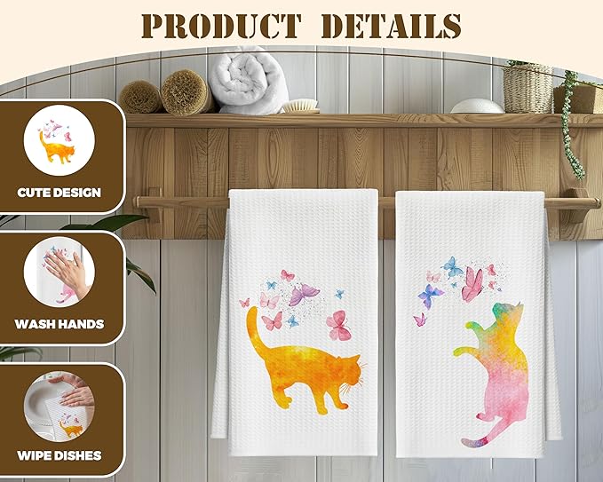 Kitchen Towels Set Of 2, Colorful Cat Dish Towel For Kitchen, Decorative Hand Towels For Bathroom, Fast Drying Tea Towel With Aesthetic Butterfly, Housewarming Gifts For Cat Lover Women Mom -B07