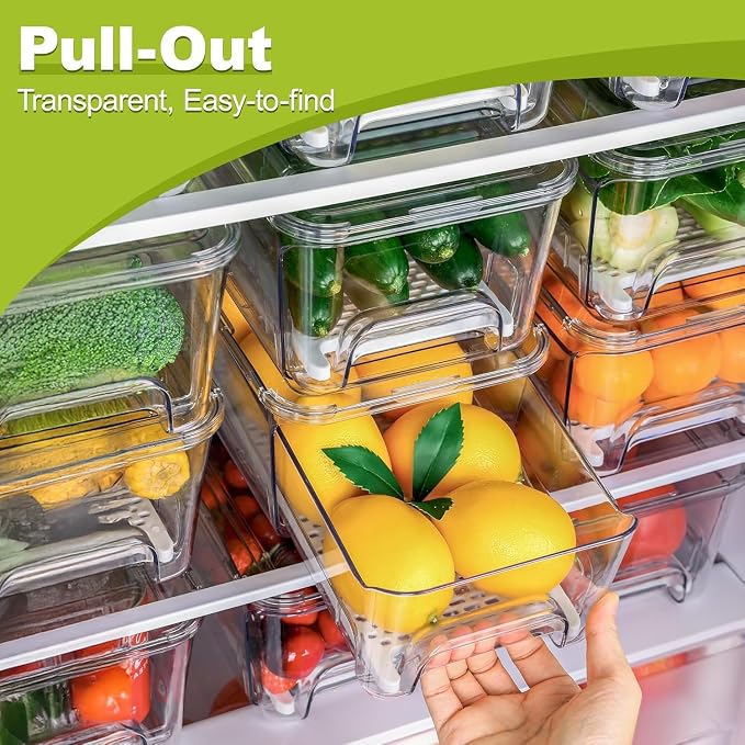 Pull-out Veggie Fridge Organizer Drawer 5-Pack | Stackable Fruit and Vegetables Refrigerator Organizer and Storage Containers, with Strainer Layer