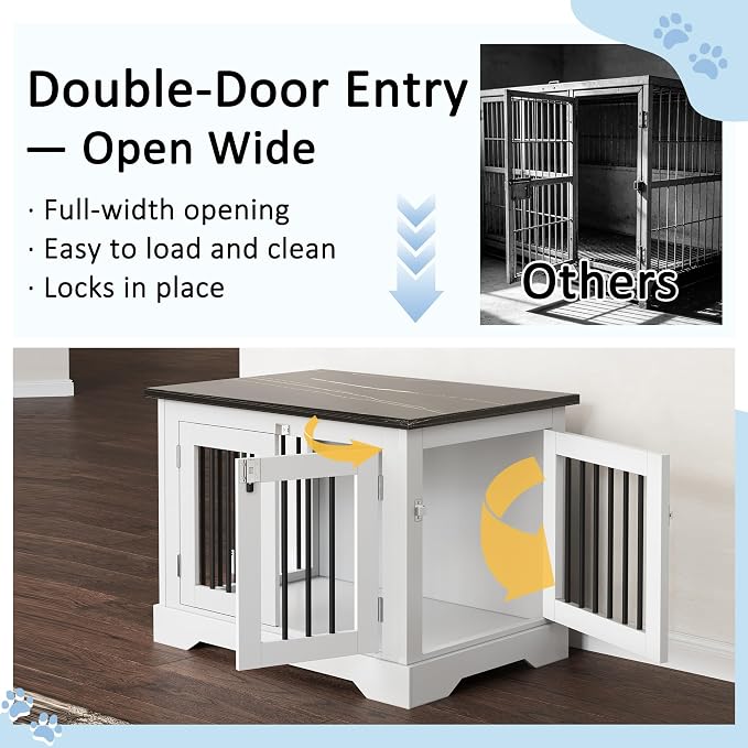 30" Wooden Dog Crate Furniture,Small Kennel Pet Cage End Table for Indoor | for Medium S XS Dogs, White and Black, Fits Living Room Bedroom, Heavy Duty Steel Frame with Lock 25 lbs Cap, 100 lbs Top.