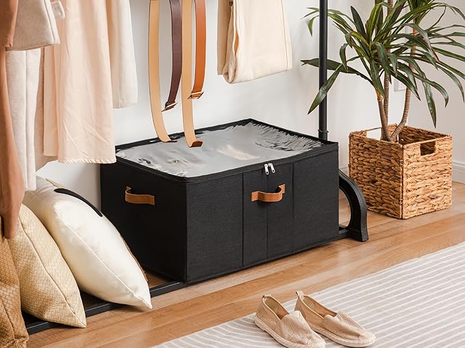 StorageWorks 24-Pair Large Shoe Organizer Box, Adjustable Dividers, Black | Holds up to 24 Pairs, Foldable, Clear Lid, Reinforced Handles, Fits Sneakers, Boots & Heels, For Living Room, Entryway