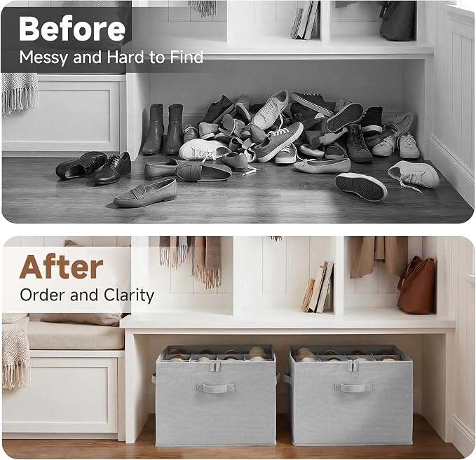 StorageWorks 2-Pack 32-Pair Shoes Organizer with Adjustable Dividers, Grey | Holds up to 16 Pairs Each, Foldable, Clear Lid, Reinforced Handles, Fits Sneakers, Sandals & Flats, For Closet, Entryway