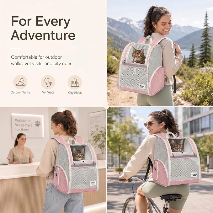 Cat Backpack Carrier for Small Dogs and Medium cat Puppy Kitten Bunny Pet Carrier Backpack Collapsible with Fully Ventilated Mesh with Safety Leash (Pink, 12.9" L x 10.62" W x 15.5" H - M)
