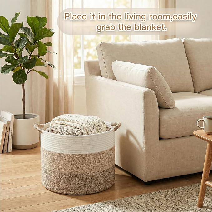 Artfeel 40L Large Cotton Rope Basket, Decorative Woven Blanket Storage for Living Room, Boho Toy Storage & Toy Box for Kids, Versatile Laundry Basket & Nursery Hamper for Blankets(Brownyellow)