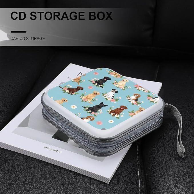 Protective 40-Capacity CD Organizer Australian Shepherd Dogs Flowers, Hard Case Storage Binder with Zipper, Portable Wallet for Car Home Office