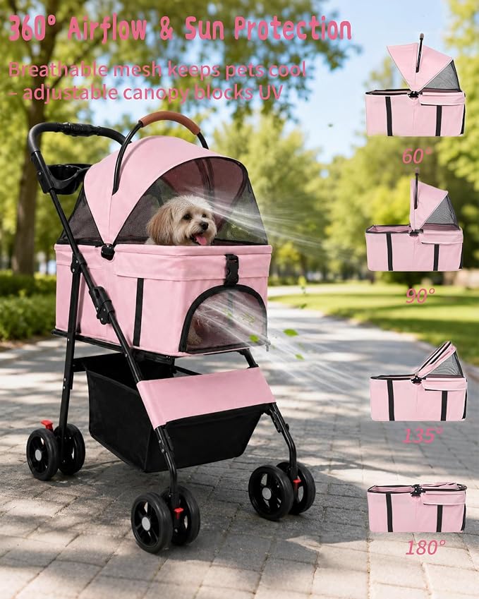 Pet Stroller, 3 in1 Foldable Dog Cat Stroller with Detachable Carrier-35lbs | Lightweight Foldable Dog Stroller, All-Terrain 4 Wheels, Compact Travel Pet Stroller for Small to Medium Pets-Pink