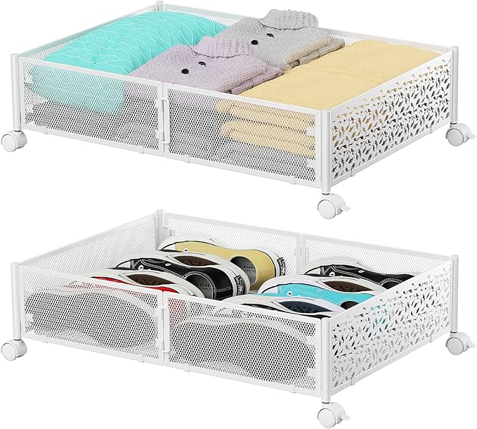 Under Bed Storage with Wheels,Patterned,Sturdy Metal,2 Pack,White | Tool-free assembly, glide smoothly, easy reach, foldable, maxmazie low-profile beds, dorm, keep seasonal clothes, shoes fresh