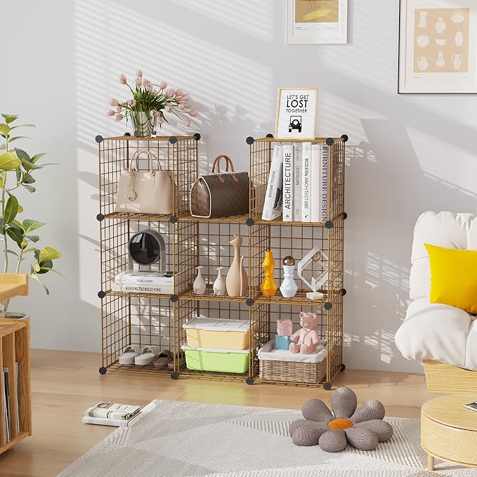 C&AHOME Wire Cube Storage, 9 - Cube Organizer Metal C Grids,Shelves, Brown | Modular Shelves Units, Closet Organizer, Storage Bins Shelving, Ideal for Home, Office, Living Room