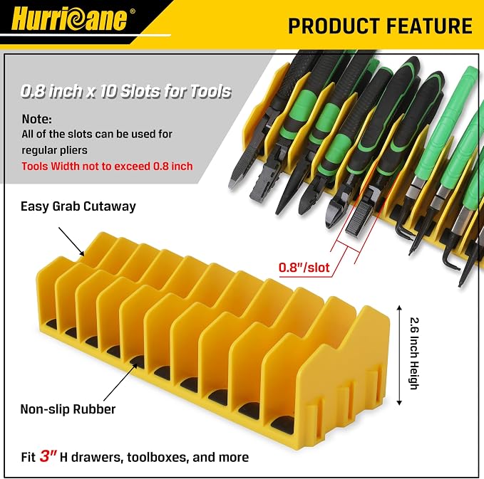 HURRICANE 2-Pack Plier Organizer Rack, 20-Slot Tool Box Organizer with Non-Slip Base, Extendable Drawer Storage for Pliers, Cutters & Hand Tools, Fits 3" High Drawers, Toolboxes and Workbenches