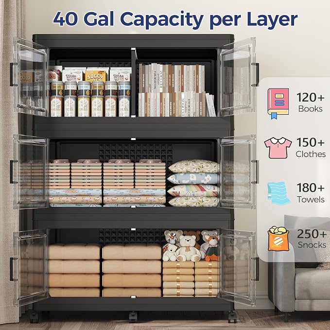 200Gal Stackable Storage Bins with Lid 5-Tier Collapsible Cabinet Closet Organizer Box with Wheels, 8000QT Large Plastic Drawer Container with Doors for Clothes Kitchen Organizing, Black