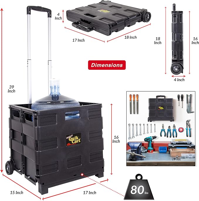 dbest Products Quik Cart Without Lid Collapsible Rolling Crate - Black | with Wheels, Roll Up to 80 lbs Capacity, Heavy Duty Plastic Construction, Telescoping Handle, Portable Handcart