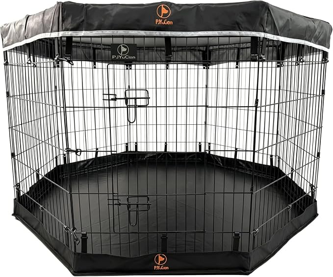 PJYuCien Puppy Playpen with Top Cover & Bottom Pad, 8 Panels 36" H, Black | 24"W, Medium Pet Safe Sanctuary, Foldable Octagonal Pen, Versatile, Indoor & Outdoor, Backyard Pasture, Protects Floors