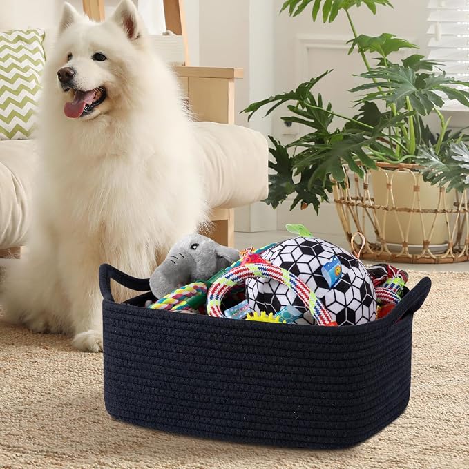 OIAHOMY Woven Basket, Gift Basket Empty with Gift Bags and Ribbons, Rope Baskets for Baby Showers, Storage Baskets with Handles for Nursery, Pet Toy Organizer - Navy Blue