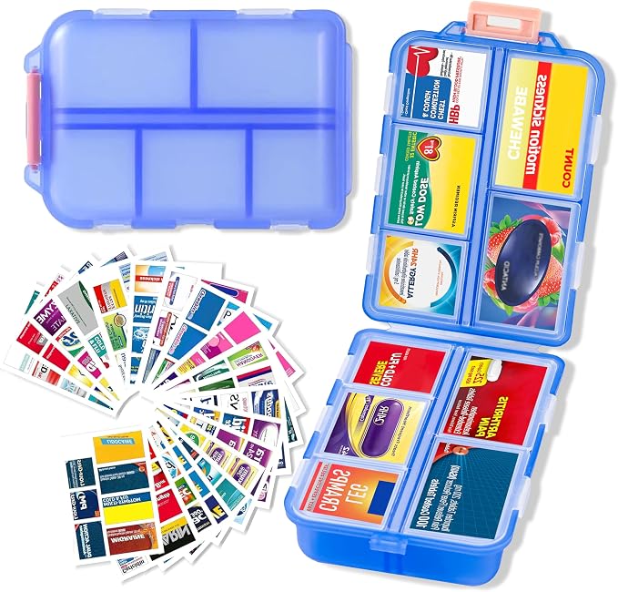 Extra Large Pill Organizer with 161 Medicine Labels, Travel Pill Case | Blue Extra large case with 10 compartments for 7-day pill planning, vitamins, supplements, and travel