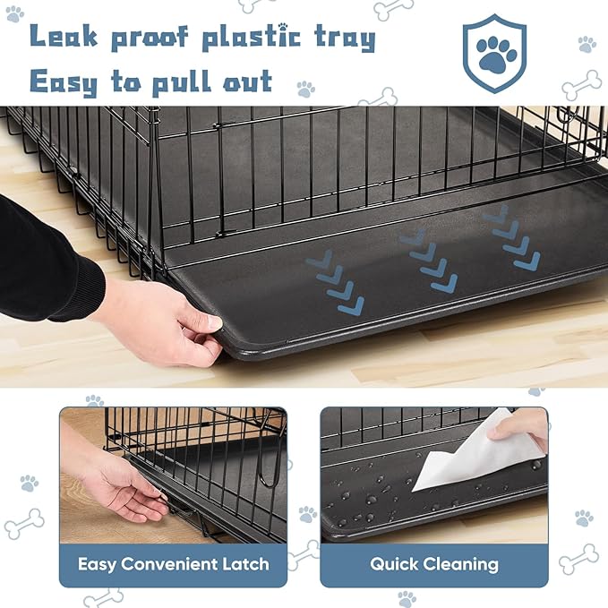 DUMOS 48 Inch Dog Crate, Foldable Medium Large Dog Cage Pet Kennel | Double Door Metal Wire, Plastic Leak-Proof Pan Tray, Portable Indoor Outdoor Training Travel