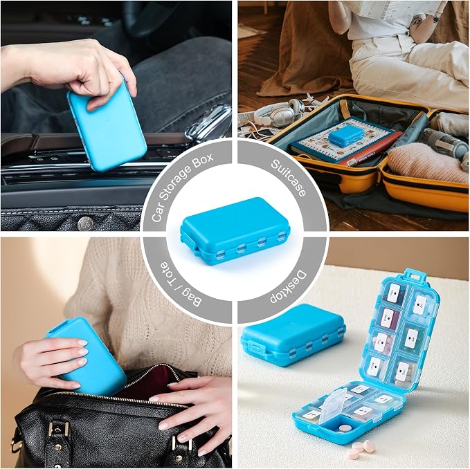 14 GRIDS Travel Pill Organizer Box with Labels - Travel Medicine Case Kit - Pocket Daily Pharmacy Container - Travel Medication Holder Dispenser for Fish Oil Vitamin Supplement Storage - Blue