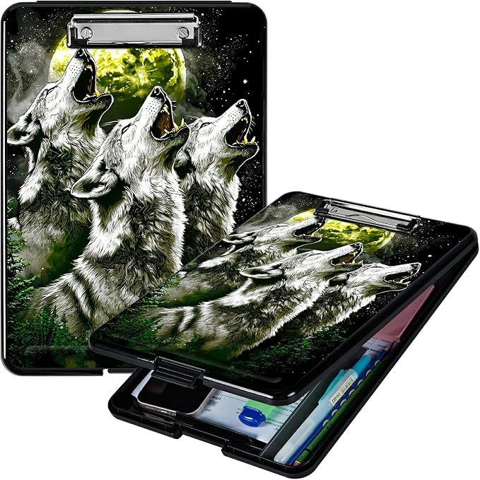 Three Gray Wolves A4 Clipboard with Storage Pen Holder, Clipboards Organizer Nursing Clipboard Foldable File Folder Plastic Clipboard Folio Clip Board for Office Students Classroom Doctor