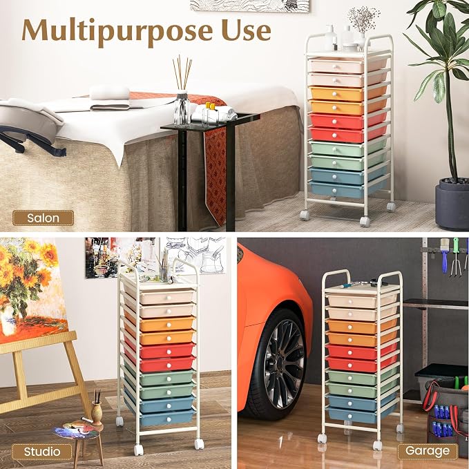 10 Drawer Rolling Storage Cart, Organization Cart with Drawers for Craft Makeup Paper Tool Art Supply, Versatile Utility Cart on Wheels for Home Office Classroom School (Macaron Multicolor)