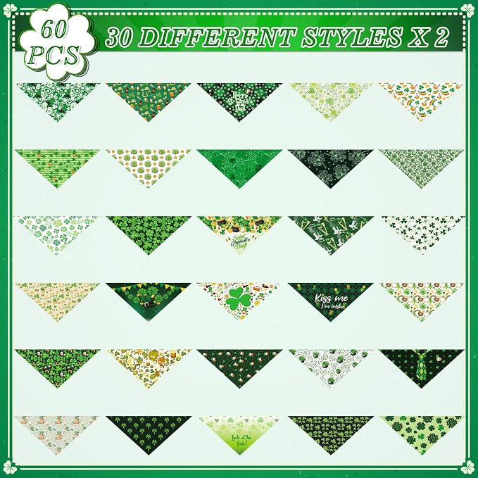 Sanwuta 60 Pcs St. Patrick's Day Dog Bandanas Bulk St. Patrick's Day Dog Scarf Adjustable Puppy Kerchief Holiday Pet Grooming Supplies Outfit Costume for Small to Large Pet (Shamrock)