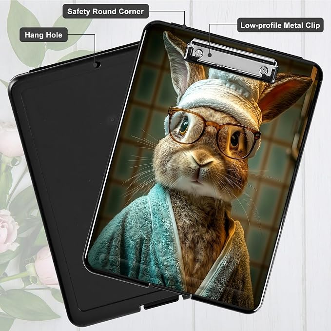 Heavy Duty Storage Clipboard, Slim Nursing Clipboard with Internal Pen Case, Portable File Organizer Case for A4 Letter Size Paper Office Medical Professionals, Glasses Rabbit