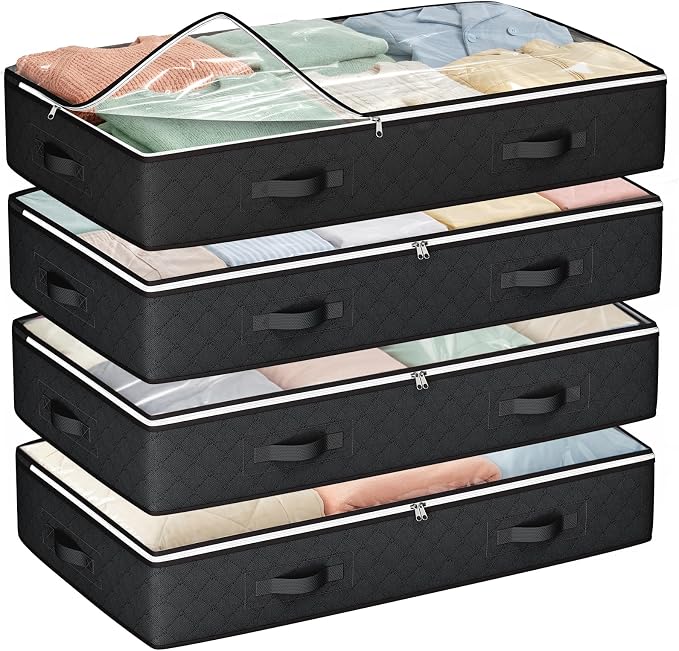 Under Bed Storage Containers with Clear Lids, 4 Pack | Underbed Storage Bags for Blankets, Towels, Comforter, Sweaters, Linen Sheets, Wrapping Paper