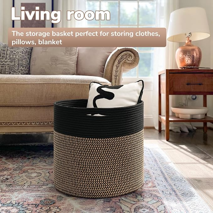 Goodpick Wicker Blanket Basket Living Room, Toy Storage for Playroom, 45L | 15.8 x 15.8 x 13.8 In Storage Basket for Toys Shoes, Cute Baby Laundry Hamper for Towels, Clothes, Black & Mix Jute
