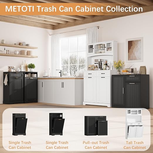 13 Gallons Pull Out Trash Can Cabinet with Storage, Black | Fluted Kitchen Trash Cabinet with Adjustable Shelf & Drawer, Hidden Wood Pet Proof Trash Can Holder for Laundry, Living Room