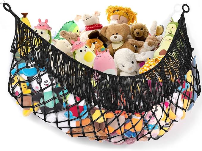 Stuffed Animal Hammock - Extra Large 56'' Long (Black) | Premium Cotton Hand-knitted, Beautiful Long Tassel, Storage Hanging Organizer, Can Fit Stuffed Animals 30 Piece or More