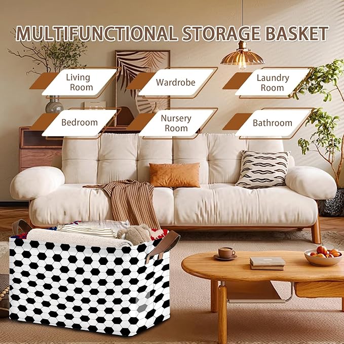 Soccer Ball Storage Basket Large 17x11.5x10.5 Inche-Collapsible Fabric Organizer Bin with Handles for Sports Room, Game Day Decor, Kids-Decorative Hamper with Classic Black & White Design-Single Pack