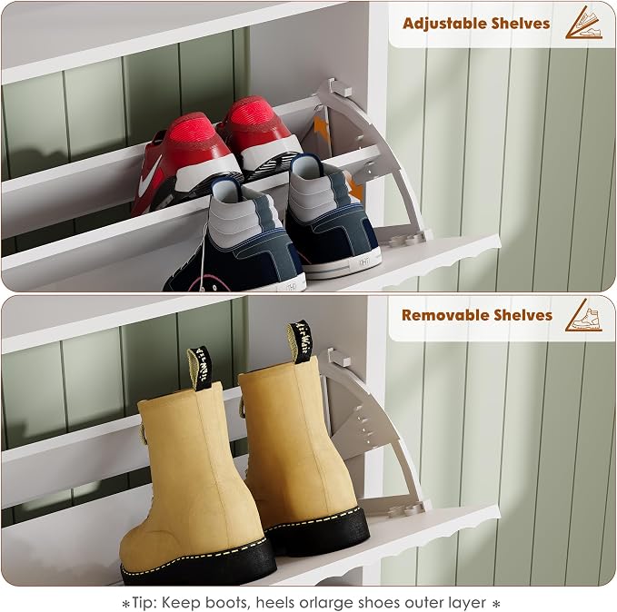 Shoe Storage Cabinet with 2 Flip Drawers for Entryway,Fluted Door | Narrow Shoe Storage Organizer Rack, Hidden Shoe Cabinet with Adjustable Shelves for Entryway, Hallway, Living Room,White