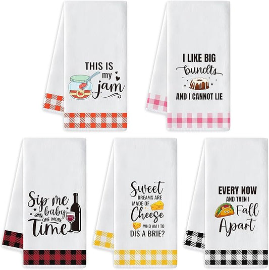 R HORSE Funny Kitchen Dish Towel - 5Pcs Cute Food Theme Kitchen Dishcloth Check Absorbent Drying Cleaning Dishcloth Bar Hilarious Hand Towel Gift for Baking Lover Housewarming Mom Women
