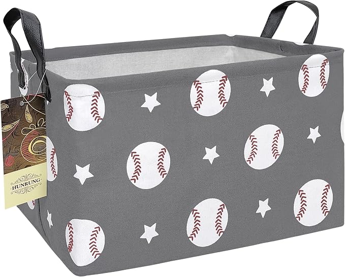 Rectangle Foldable Storage Basket Handles For Home, Grey Baseball | Waterproof canvas material, reinforced handles, perfect for shelf use, organizes clothes, daily items and pet supplies
