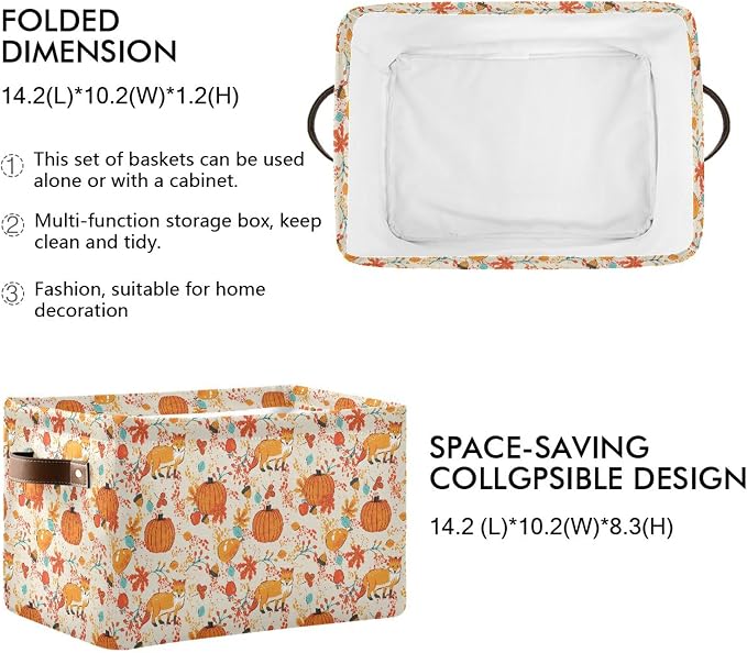 Fall Pumpkin Fox Storage Basket with Waterproof Liner and PU Handles Autumn Maple Leaves Berry Storage Bins Boxes 14.2" Collapsible Decorative Organizer Baskets for Bedroom Closet Office 2 Pack