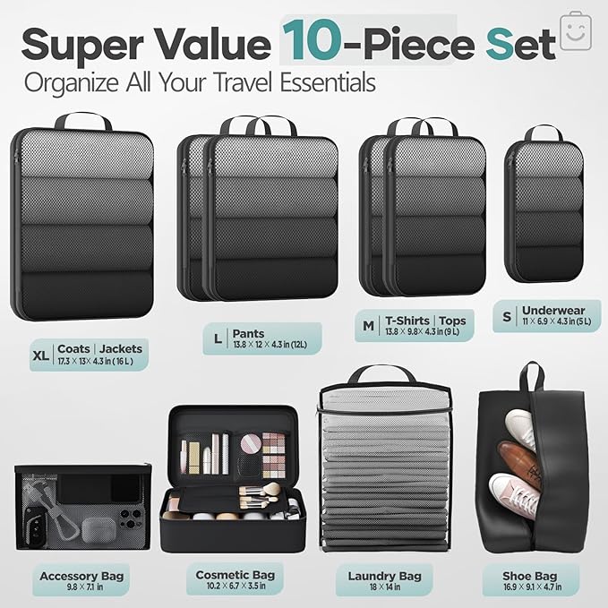 Veken 10 Set Compression Packing Cubes Garment Bags for Travel Essentials,Compressible Expandable Luggage Organizer Bags for Clothing,Space Saver Bags with Over 1000 pcs of Mesh Holes(Black)