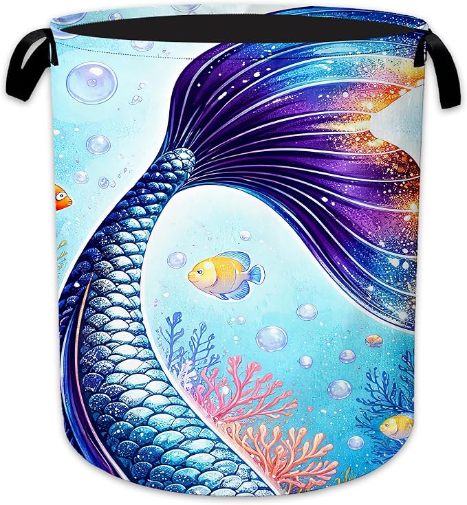 Laundry Hamper, Mermaid Tail Collapsible Ocean Coral Laundry Baskets Waterproof Oxford Cloth With Handles, Clothes Storage Bucket For Bathroom/Bedroom 16" x 20.8"