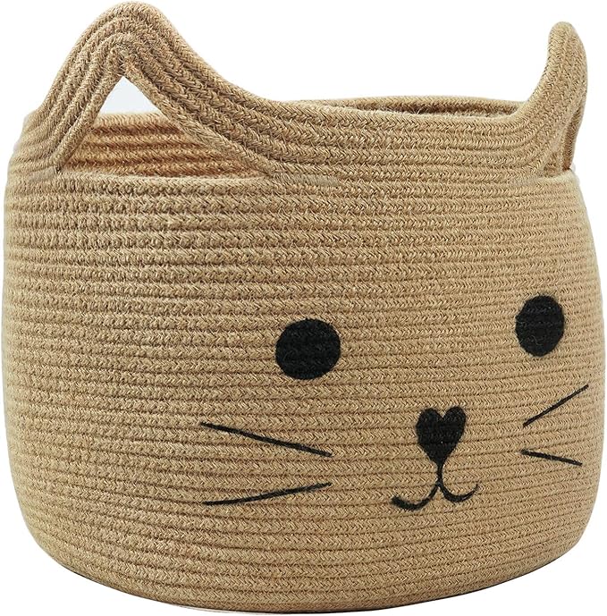 Large Woven Rope Cat Toy Basket with Cat Face Design, Jute | 15.7" x 11.8" Toy Bin & Box for Living Room Nursery, Baby Storage Basket for Towels, Blankets, with Sturdy Handles