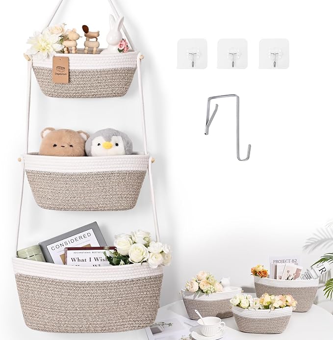 Hanging Basket, 3-Tier Woven Wall Basket with 4 Hooks, Cotton Rope Storage Baskets, Over the Door Organizer for Nursery, Bedroom, Cottage and Boho Wall Decor