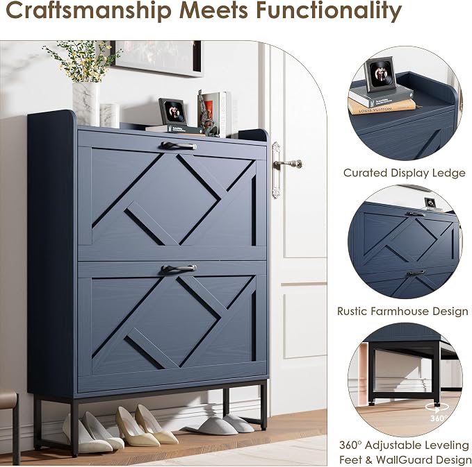 Shoe Storage Cabinet, Shoe Cabinet with 2 Flip Drawers, Narrow Shoe Rack Cabinet, Farmhouse Slim Shoe Cabinet Storage for Entryway,Blue