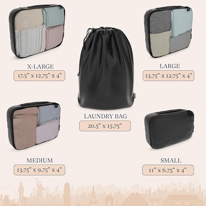 Shacke 5 Set Packing Cubes for Travel with Laundry Bag (Air Black) | Suitcase Organizer Bags Set: 4 Water-Resistant Luggage Cubes, XL to Small, + Laundry Bag for Carry-On or Checked