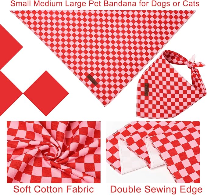 Red and Pink Plaid Dog Bandana–Red and Pink Checked Triangle Scarf for Small Medium Large Dogs, Soft Cotton Pet Bib for Dogs, Adjustable Dog Kerchief