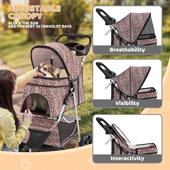 Magshion 3-Wheel Pet Stroller for Small/Medium Dogs & Cats, Up to 33lbs | Foldable Travel Jogger w/ Breathable Mesh Cover, Lightweight Design, Safety Tethers, Cup Holder & Storage Basket