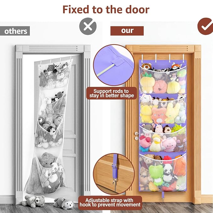 Over Door Stuffed Animal Storage, Hanging Plush Toy Organizer Holder | Behind Door Organizer with 4 Large Pockets, Mesh Hammock Bag for Doll & Bear Stuffies, Idea for Girl Boy Kid Nursery Closet