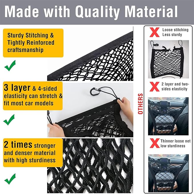 DYKESON Dog Car Net Barrier with Mesh Organizer, Pet Divider for Cars, SUVs | Upgraded Pet Barrier With Stretchable Storage Bag Pouch，Auto Backseat Net, Pet kids Safety Divider, Easy Install (3 Layer S)