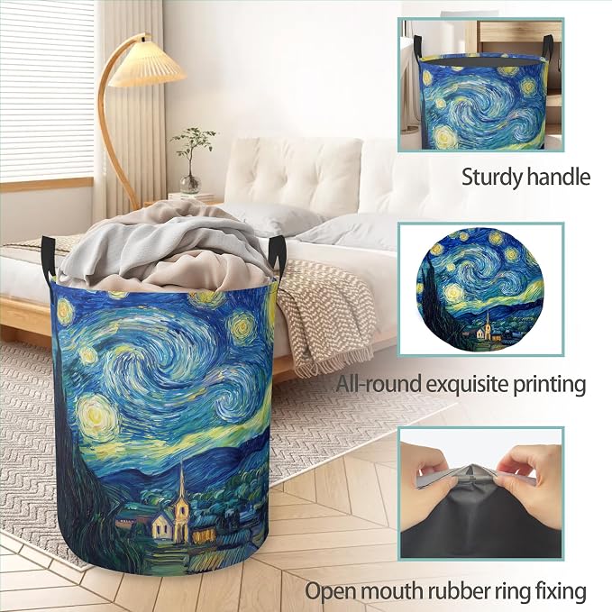 Starry Night Round Laundry Basket Collapsible Laundry Hamper with Handles Toys Clothes Organizer Bin For Home Bathroom Bedroom Dorm Nursery