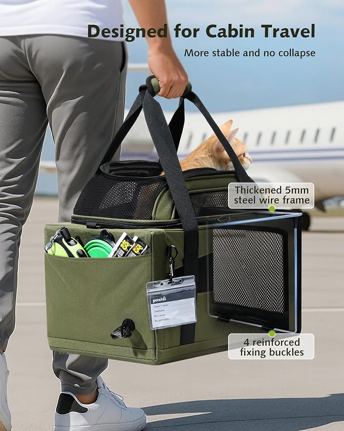 Pecute Top Expandable Airline Approved Pet Carrier for Cats, Olive Green | Airline Approved Dog Carrier, Under-seat, Breathable, Anti-scratch Mesh, Safety Leash, Locking Zippers, Leakproof Pee Pad