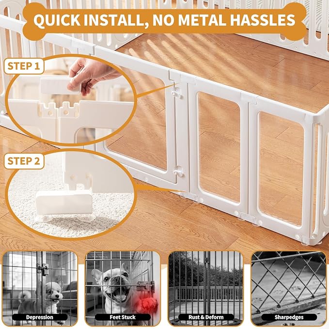 Mobile Acrylic Dog Playpen Indoor with Bottom Panels for Puppies, 8 Panels | Puppy Play Pen with DIY Easy Assemble, Moveable Pet Fence for Small Dogs (24''Tall, 4 Bottom Panels + 8 Wheels)