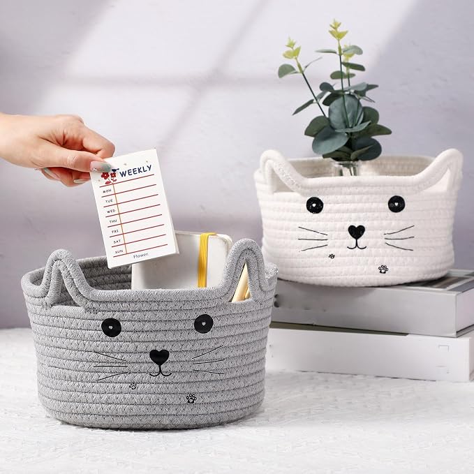 Zopeal Cat Storage Basket Woven Organizer with Ears Decorative Gift Cute Cotton Rope Pet Toy Basket for Gift Cat Dog Toy Bin Nursery Room(8.3 x 4.7 Inch,Light Gray)