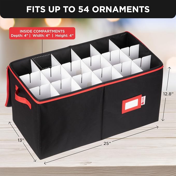 Christmas Ornament Storage Container with Dividers - Box Stores Up to 54 Ornaments, Zippered, Convenient, Adjustable, Large Organizer Bin to Protect Holiday Décor, Fits Most Standard Size, Black