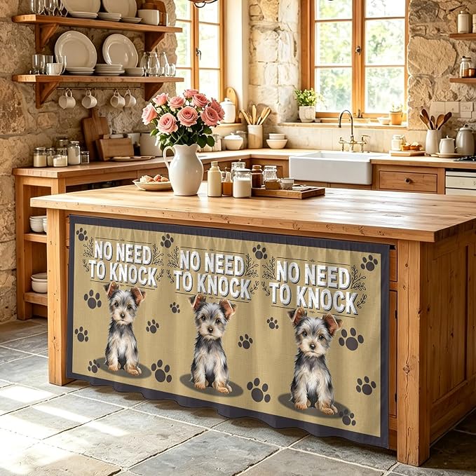 NO Need to Knock Sink Skirt for Bathroom, Self-Adhesive Under Sink Curtain, Terrier Puppy Paw Prints Pet Lover Farmhouse Hide Pipes & Storage Fabric Cabinet Skirt Cover for Kitchen Laundry 32"x55"