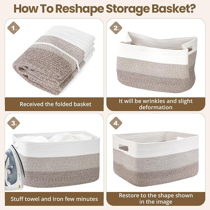 Optish 95L Large Woven Blanket Basket, Cotton Rope Laundry Basket, Brown | Sturdy Cotton Rope Basket Organizer Blanket, a lot of Toys, Comforter, Pillows, Bedroom, Living Room, Bathroom, Easy to Carry