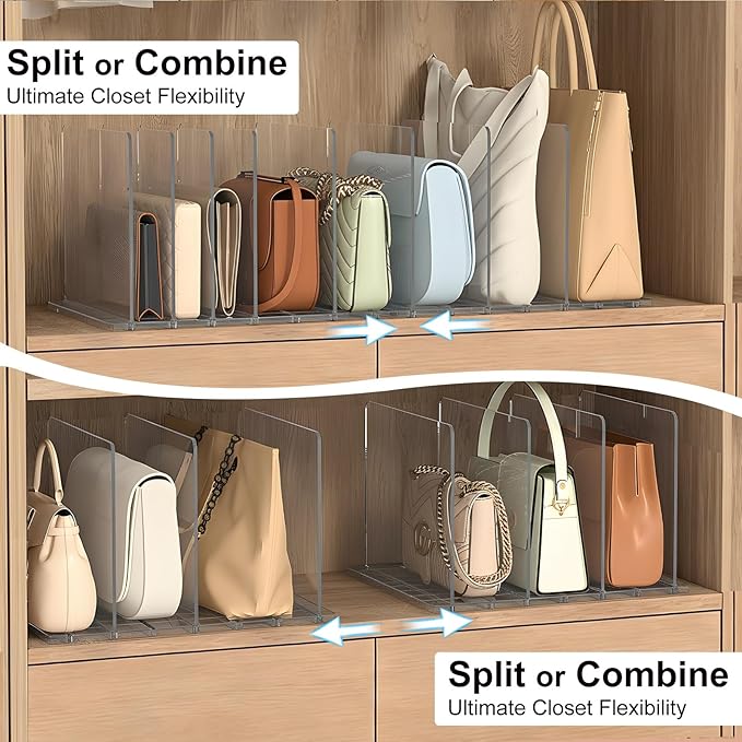 SortNStore Bag & Purse Organizer for Closet: Adjustable Clear Dividers | Plastic Clutch for Closet Organizers Handbag Storage - Keep Carteras & Pocketbook Upright 3 Pack - 11Dividers